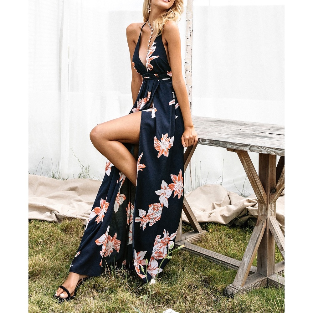Wedding Guest Maxi Dress Floral Blue